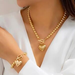 ✨ 2Pcs Luxury Gold Color Beads Heart Pendant Necklace Bracelet for Women Punk